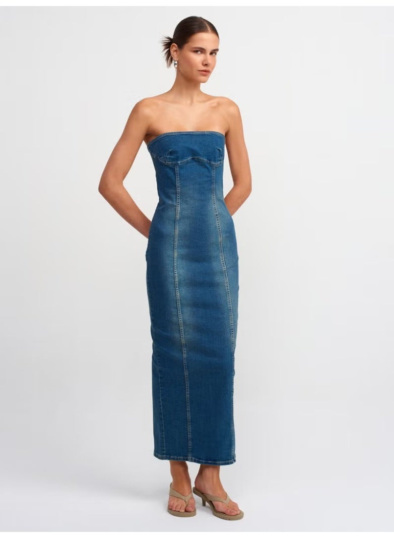 Dilvin Denim Strapless Midi Dress - Image 1